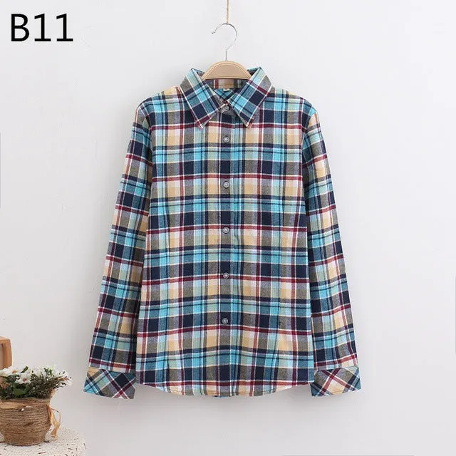 S-5XL Large Size Spring Autumn Blouse Casual Big Size Shirt Cotton Top Lapel Plaid Shirt Outwear Plus Size Women Clothing Blusas