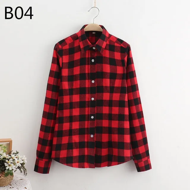 S-5XL Large Size Spring Autumn Blouse Casual Big Size Shirt Cotton Top Lapel Plaid Shirt Outwear Plus Size Women Clothing Blusas