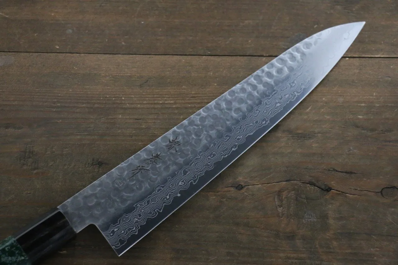 Sakai Takayuki AUS10 45 Layer Damascus Hammered Gyuto 240mm Green Lacquered Handle with Sheath