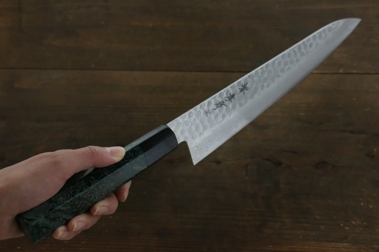 Sakai Takayuki AUS10 45 Layer Damascus Hammered Gyuto 240mm Green Lacquered Handle with Sheath