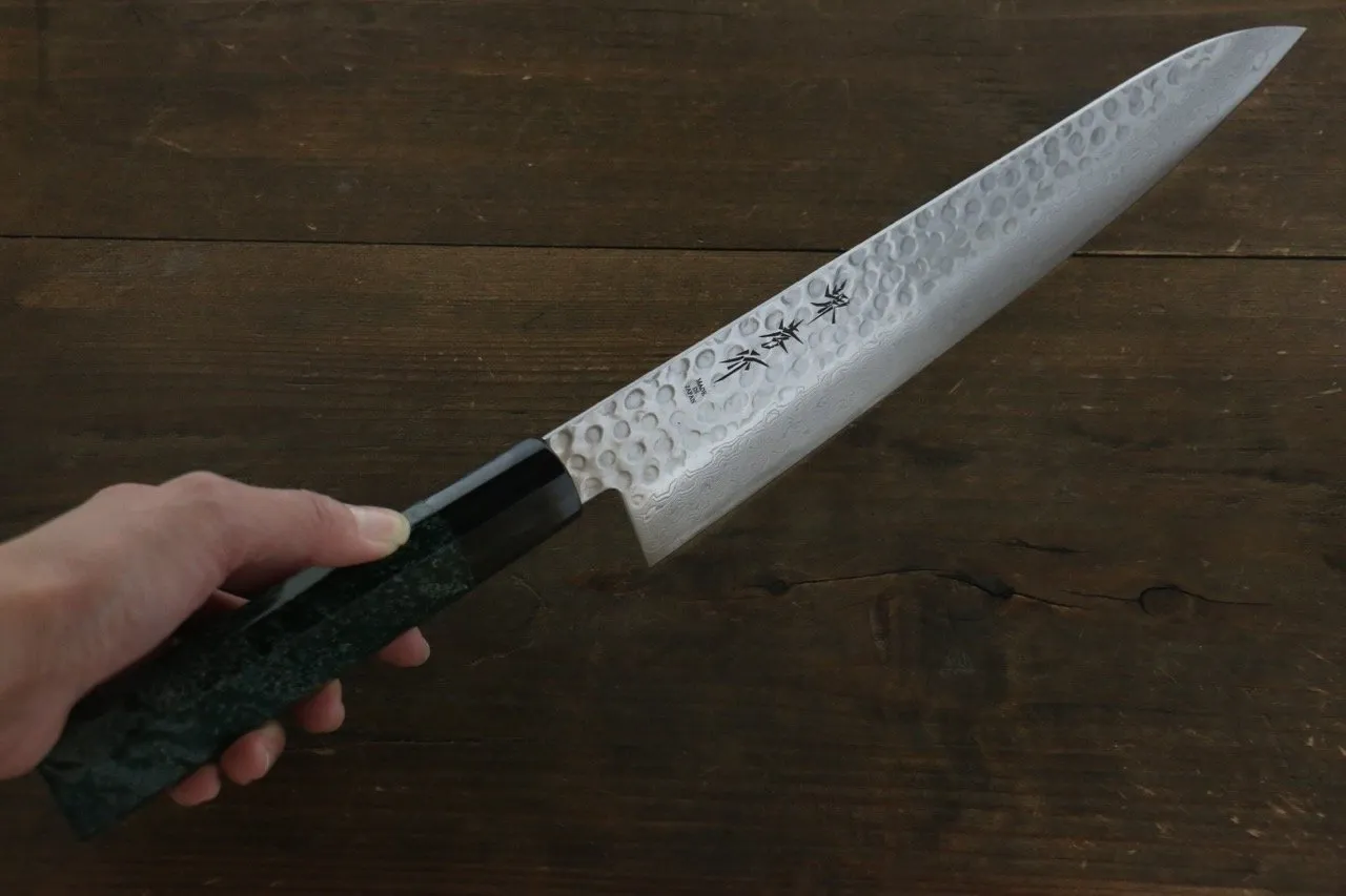 Sakai Takayuki AUS10 45 Layer Damascus Hammered Gyuto 240mm Green Lacquered Handle with Sheath