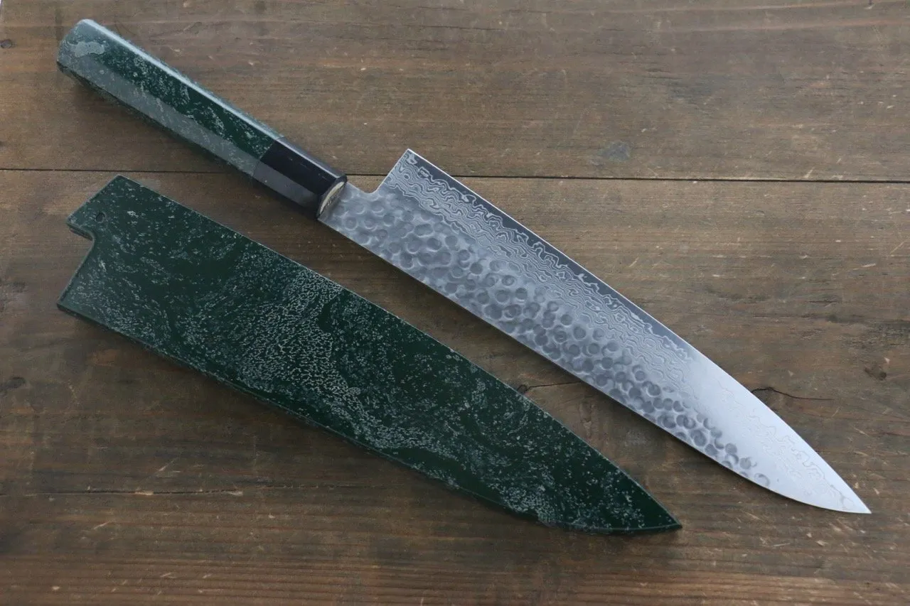 Sakai Takayuki AUS10 45 Layer Damascus Hammered Gyuto 240mm Green Lacquered Handle with Sheath