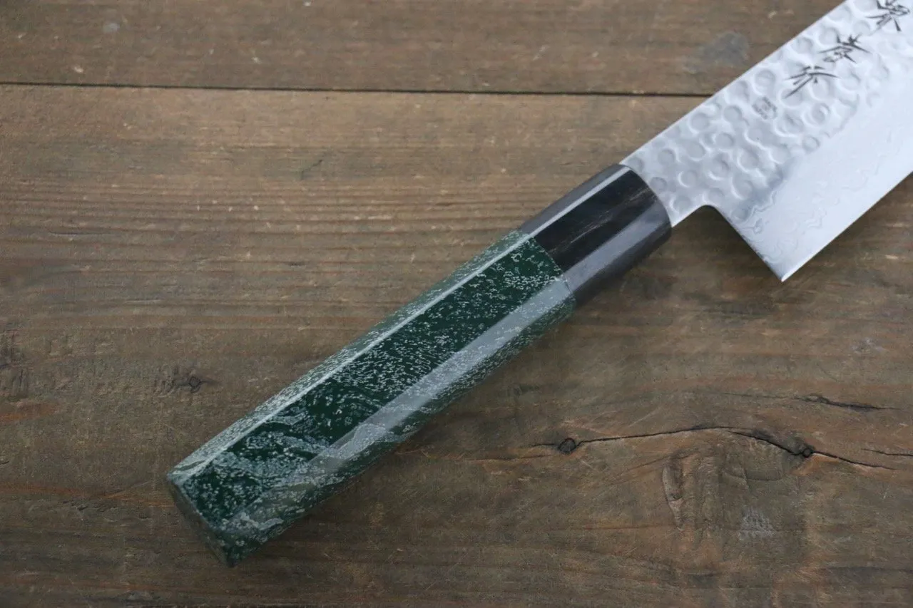 Sakai Takayuki AUS10 45 Layer Damascus Hammered Gyuto 240mm Green Lacquered Handle with Sheath