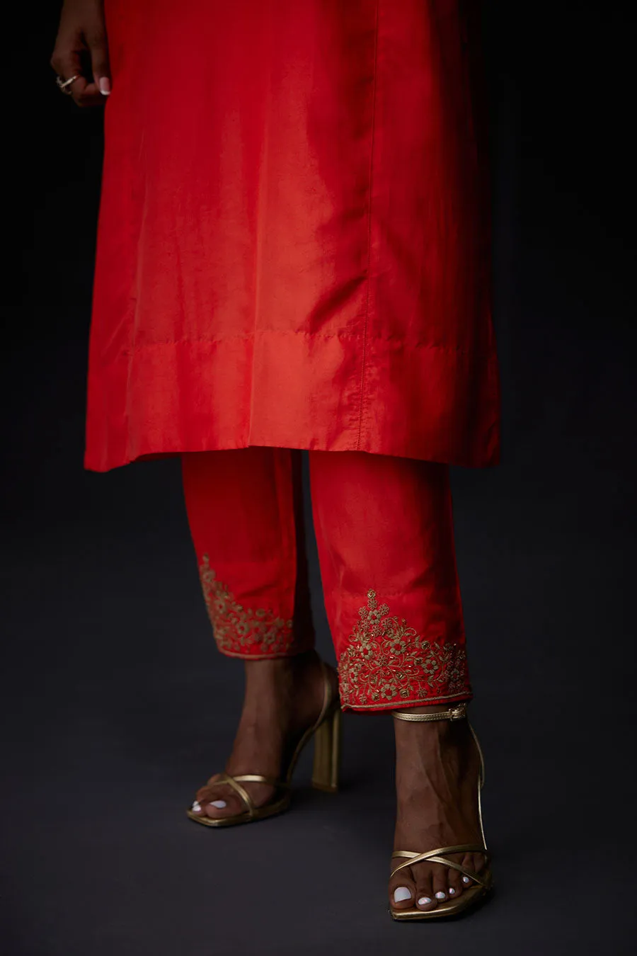 Scarlet Red Embroidered Pocket Tunic & Pant Set