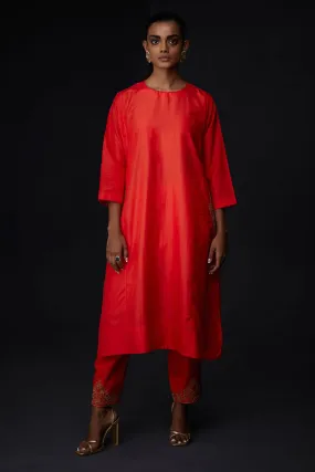 Scarlet Red Embroidered Pocket Tunic & Pant Set