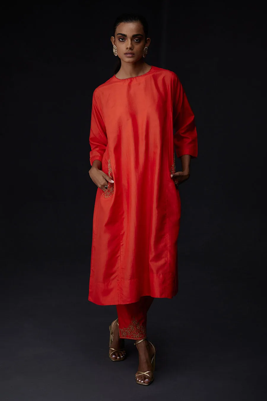 Scarlet Red Embroidered Pocket Tunic & Pant Set