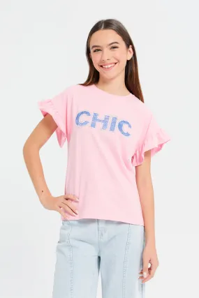 Senior Girls Pink Chic Ruffled Sleeve Top