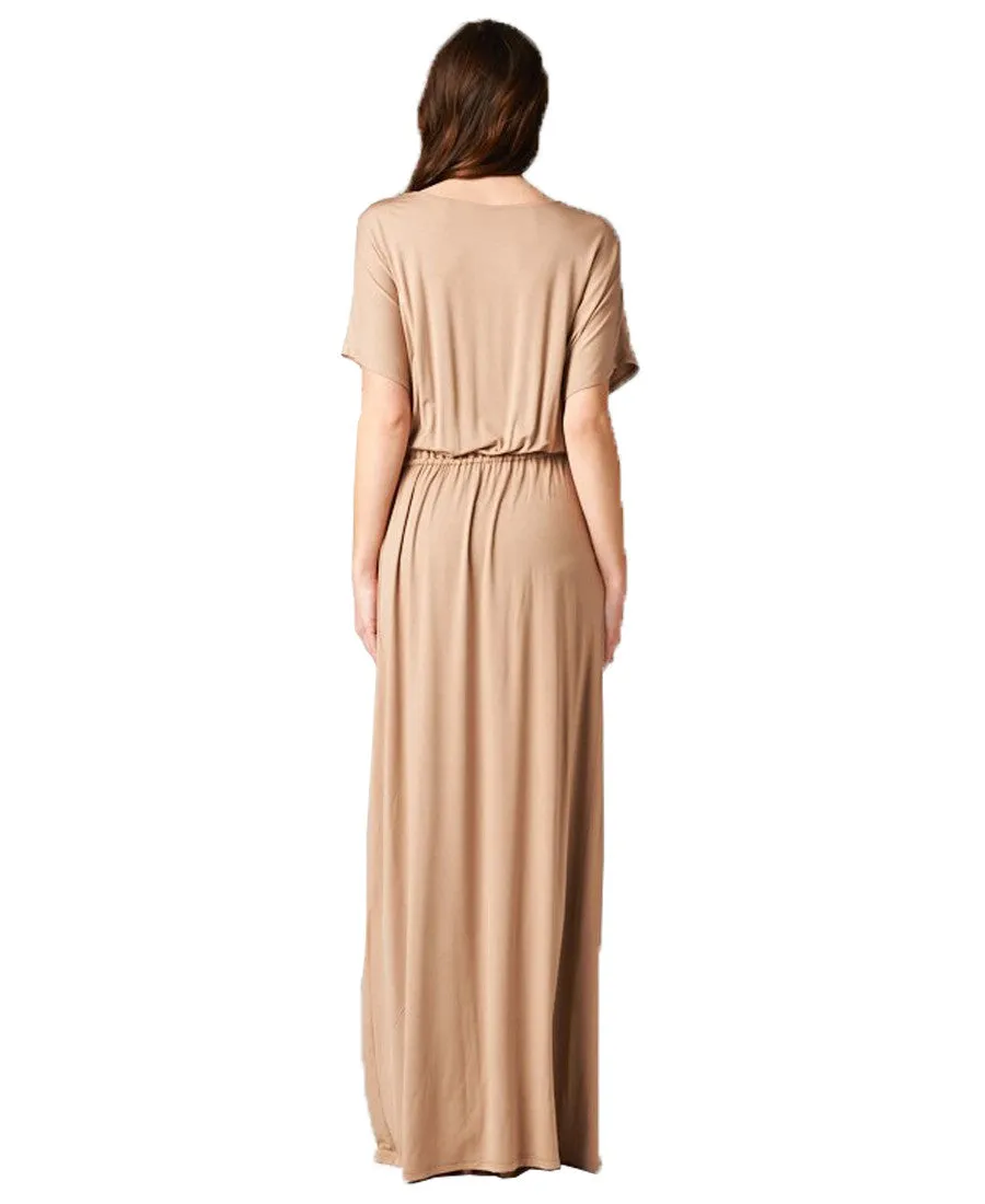 Short Sleeve Dolman Boyfriend Maxi Dress with Elastic Waist Drawstring Mocha