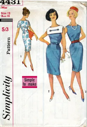 Simplicity 4431 Womens Sailor Dress with Detachable Collar 1960s Vintage Sewing Pattern Size 12 Bust 32 inches UNUSED Factory Folded