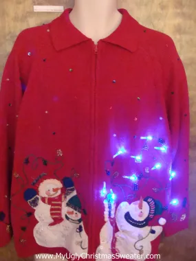 Snowmen Decorating Light Up Ugly Xmas Sweater