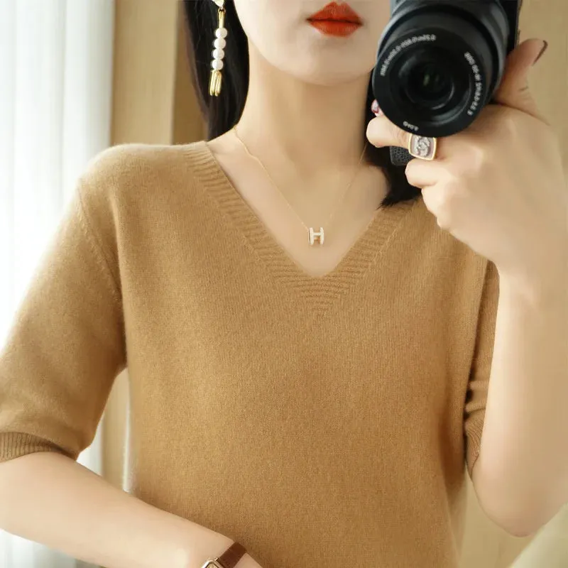 Solid Color V-neck Half-sleeved Knitted Cashmere Sweater Thin Casual Top