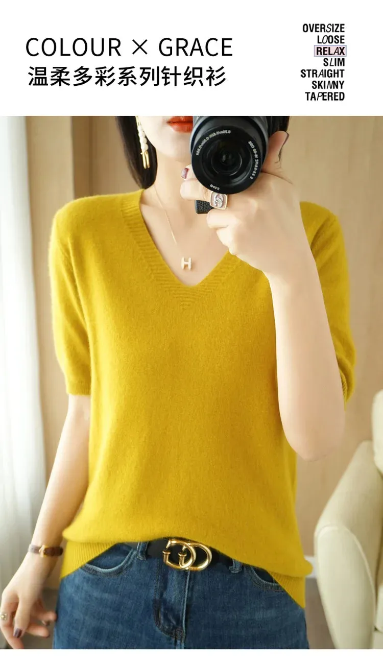 Solid Color V-neck Half-sleeved Knitted Cashmere Sweater Thin Casual Top