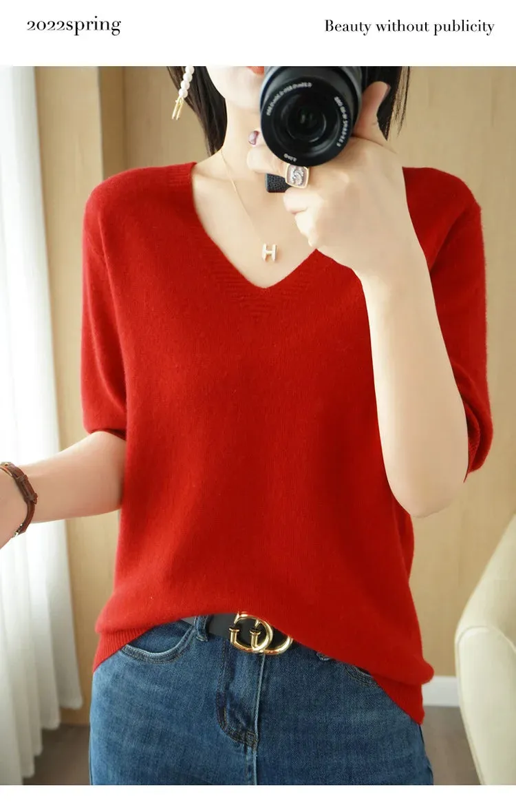 Solid Color V-neck Half-sleeved Knitted Cashmere Sweater Thin Casual Top