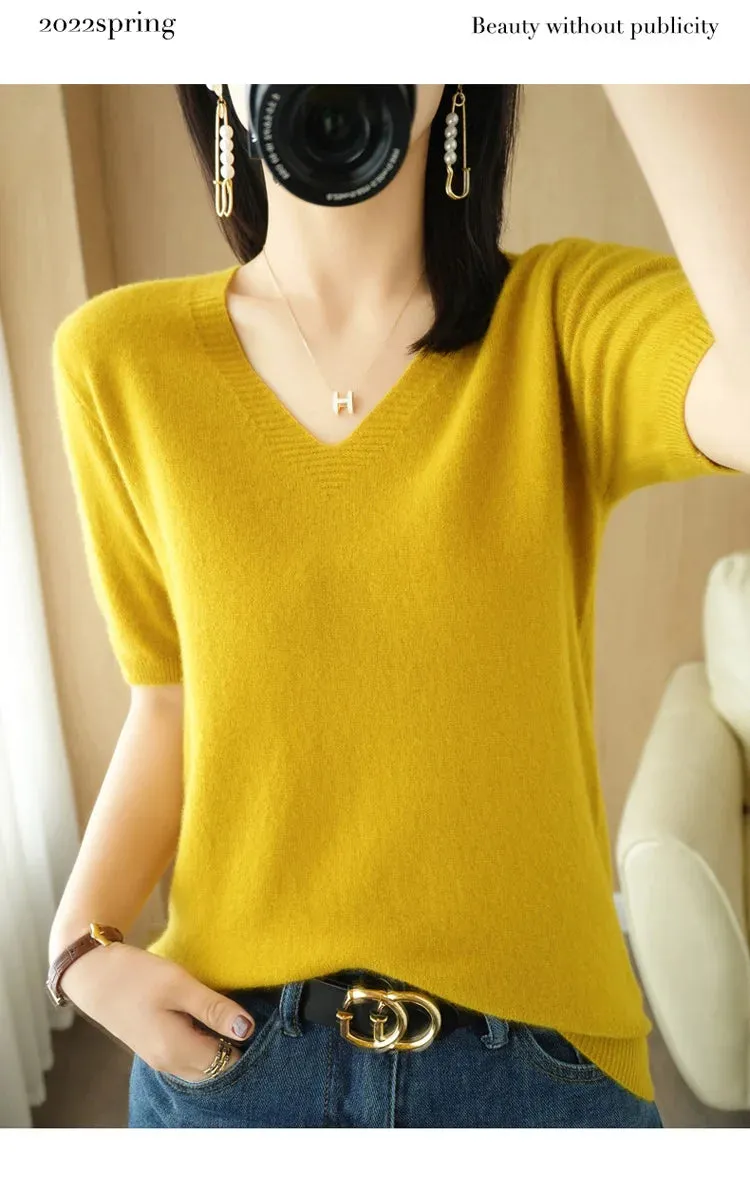 Solid Color V-neck Half-sleeved Knitted Cashmere Sweater Thin Casual Top