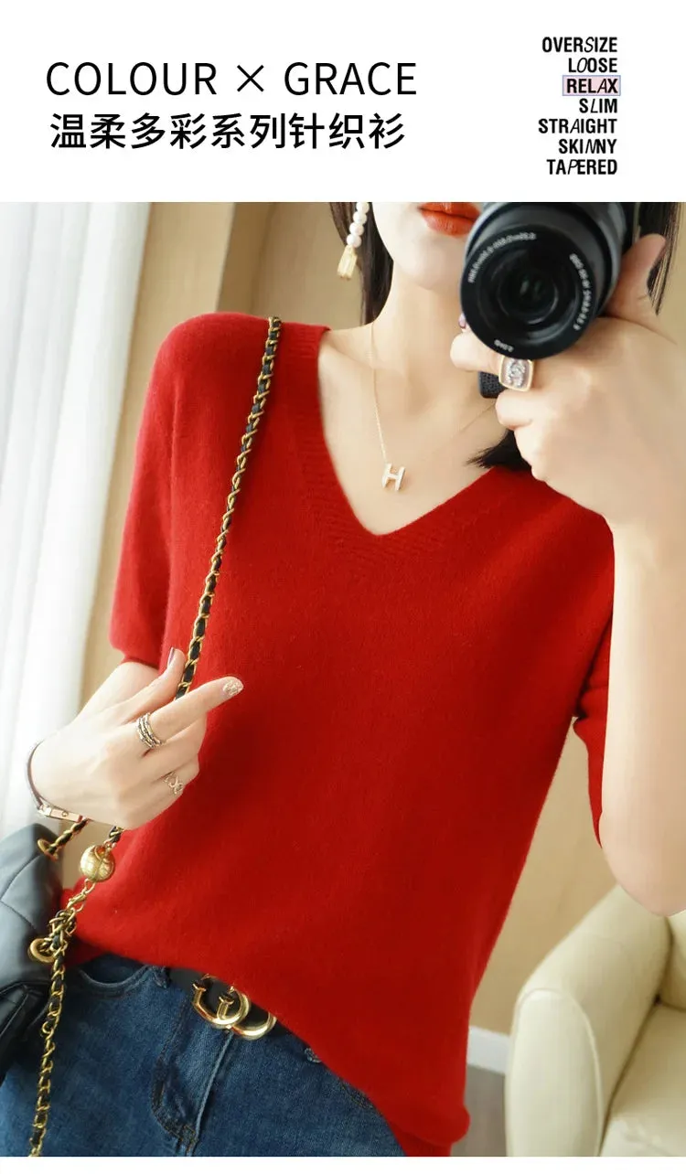 Solid Color V-neck Half-sleeved Knitted Cashmere Sweater Thin Casual Top