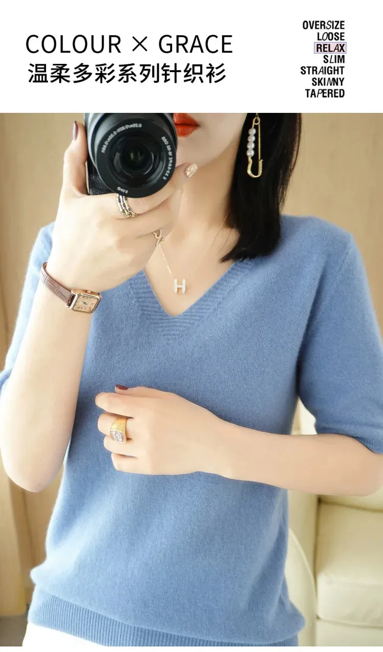 Solid Color V-neck Half-sleeved Knitted Cashmere Sweater Thin Casual Top