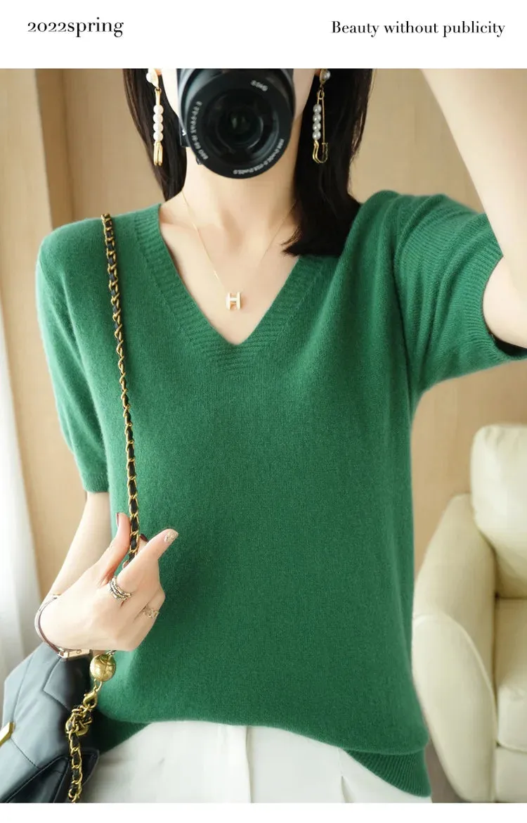 Solid Color V-neck Half-sleeved Knitted Cashmere Sweater Thin Casual Top