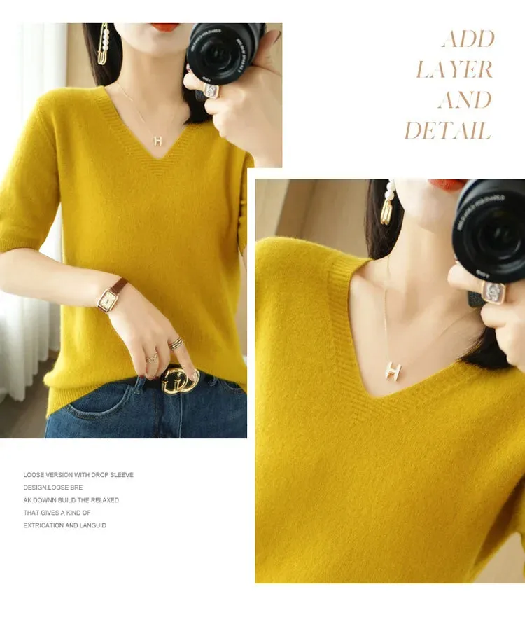 Solid Color V-neck Half-sleeved Knitted Cashmere Sweater Thin Casual Top