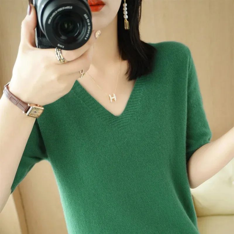 Solid Color V-neck Half-sleeved Knitted Cashmere Sweater Thin Casual Top