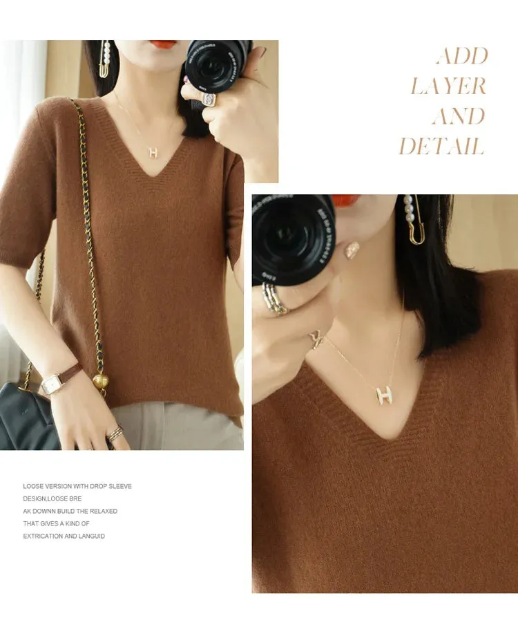 Solid Color V-neck Half-sleeved Knitted Cashmere Sweater Thin Casual Top