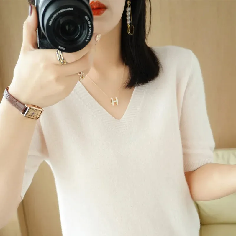 Solid Color V-neck Half-sleeved Knitted Cashmere Sweater Thin Casual Top