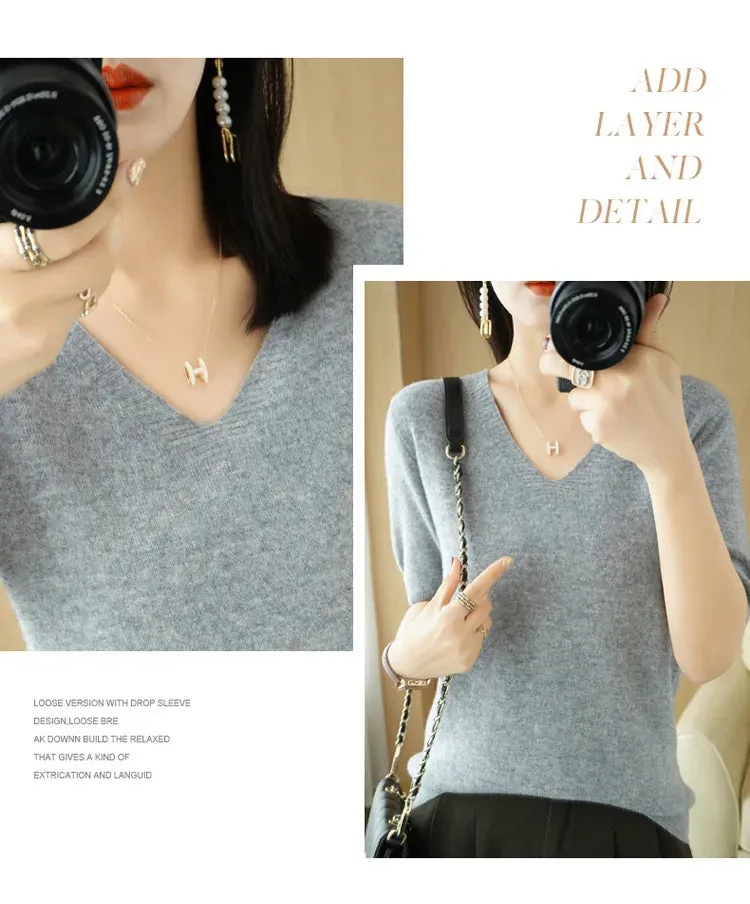 Solid Color V-neck Half-sleeved Knitted Cashmere Sweater Thin Casual Top