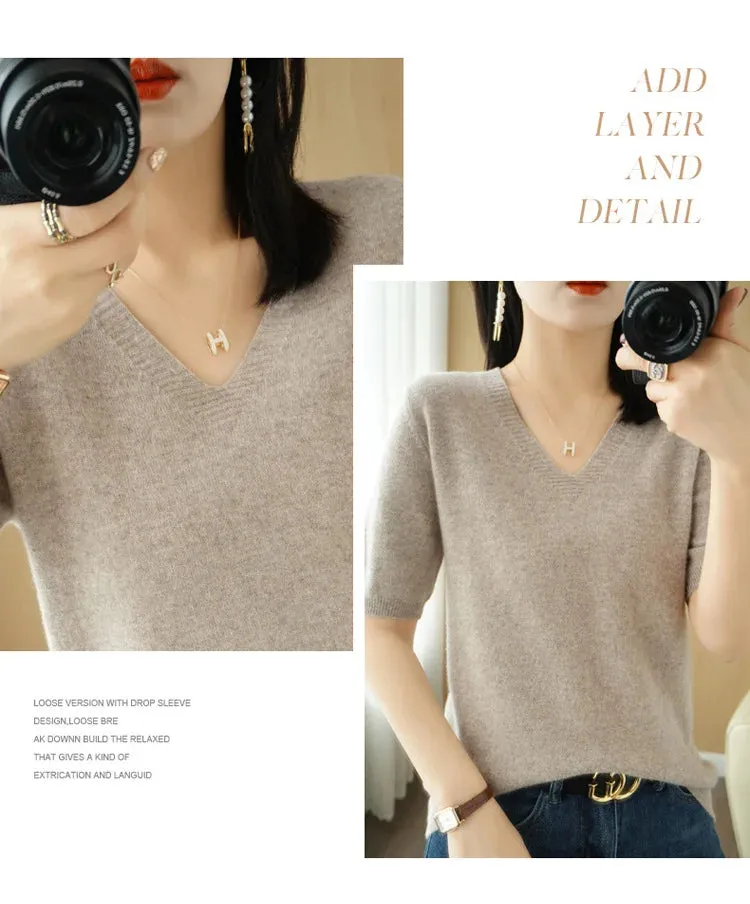 Solid Color V-neck Half-sleeved Knitted Cashmere Sweater Thin Casual Top