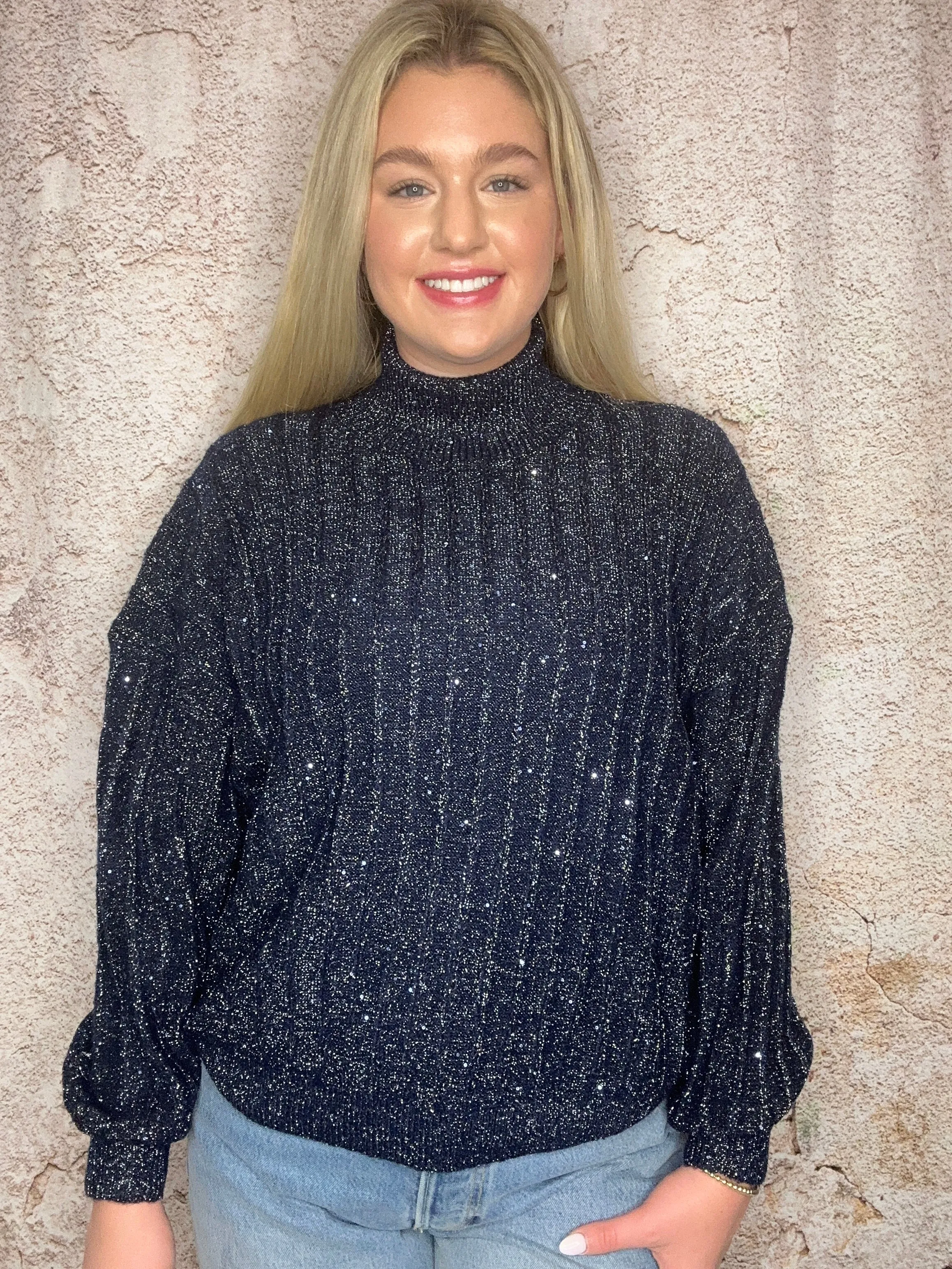 Sparkle Knit Mock Neck Sweater