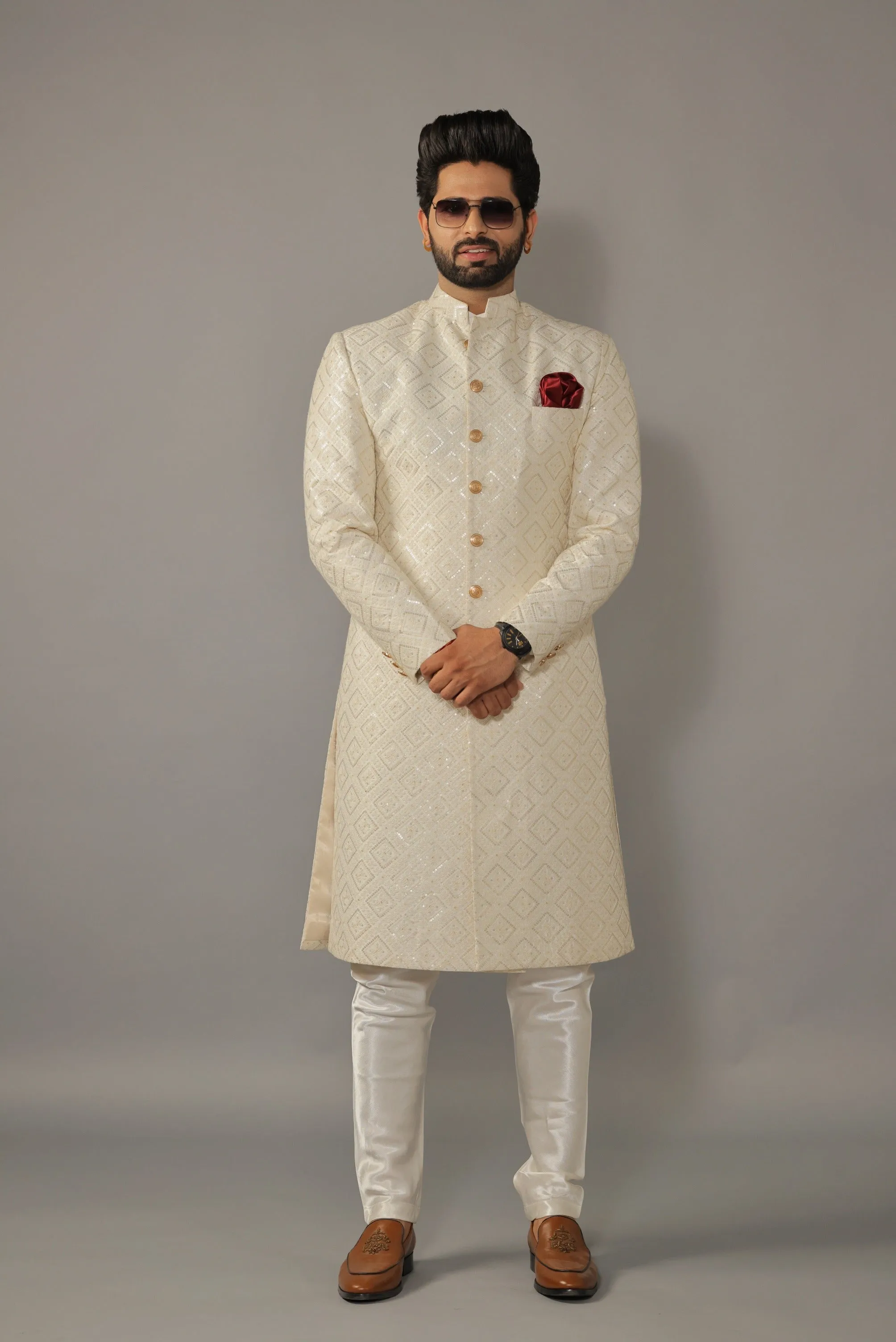 Square Pattern Embroidered White Sherwani for Men | Father Son Combo | Sequin Work | Perfect Groom Wear