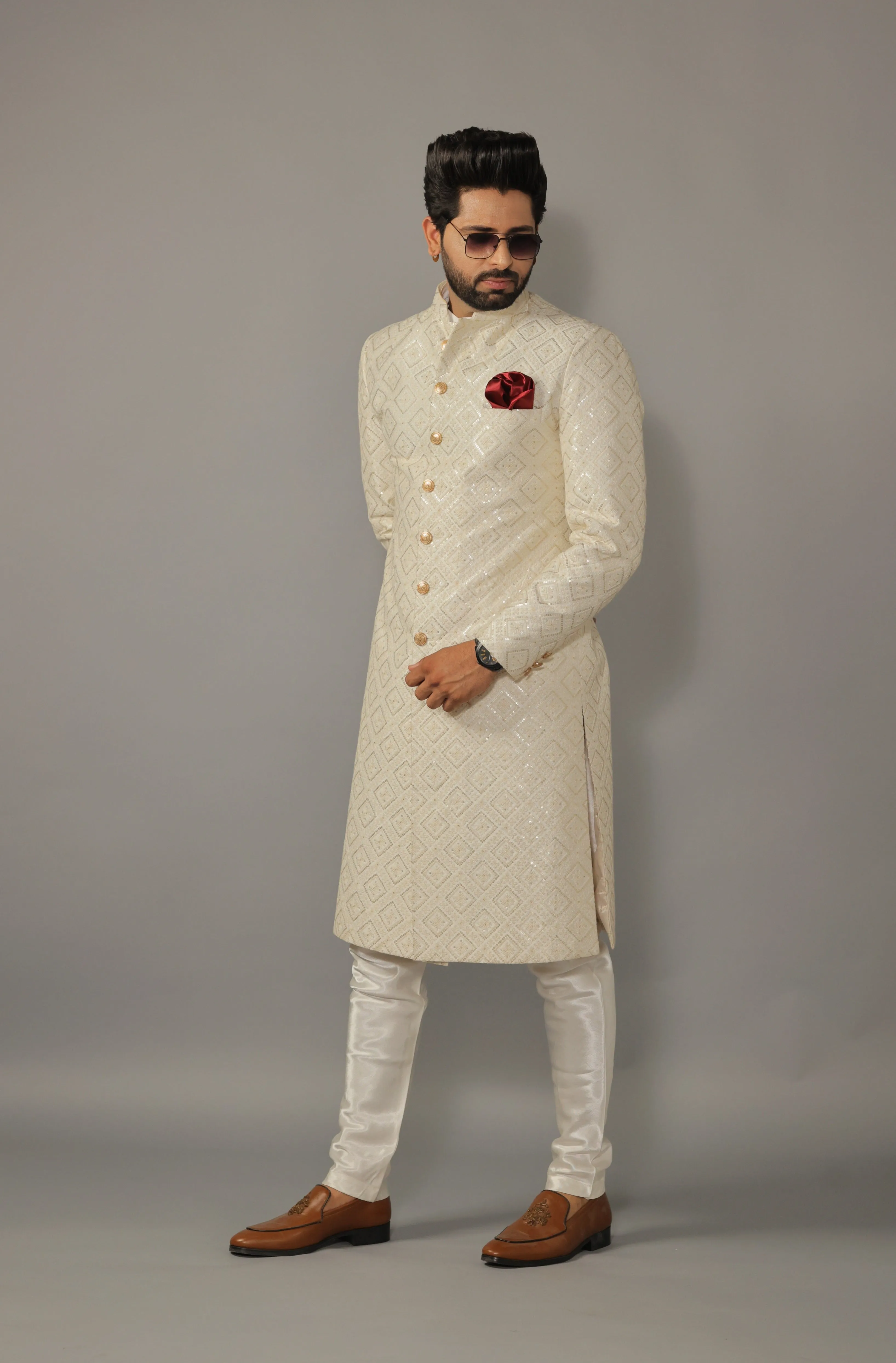 Square Pattern Embroidered White Sherwani for Men | Father Son Combo | Sequin Work | Perfect Groom Wear