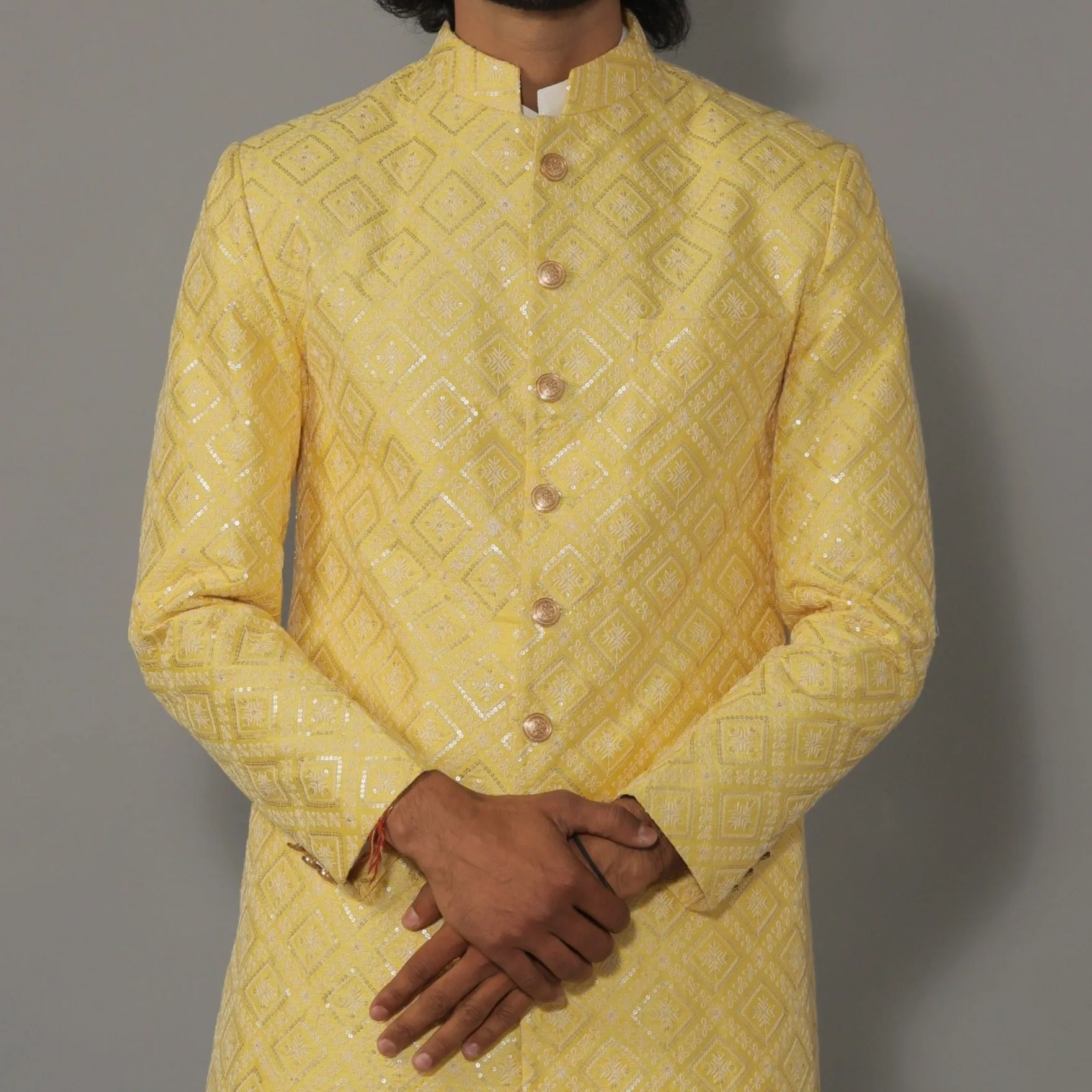 Square Pattern Embroidered Yellow Sherwani With Off White Churidar