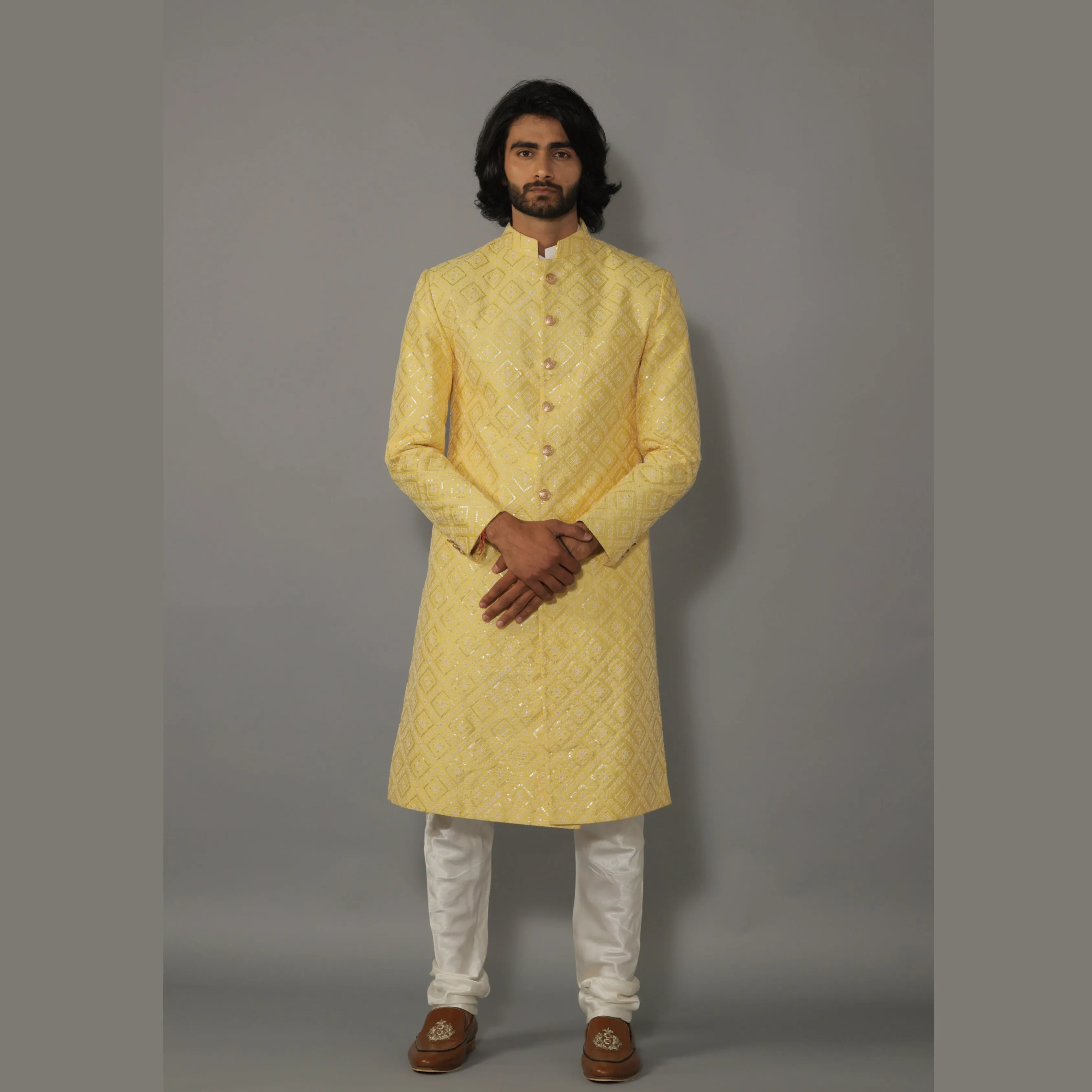 Square Pattern Embroidered Yellow Sherwani With Off White Churidar