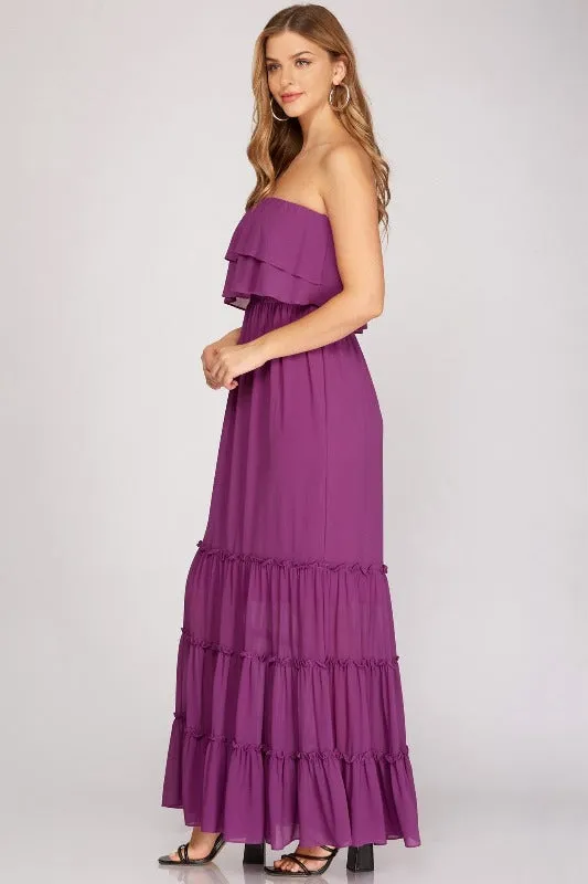 Strapless Tube Tiered Maxi Dress - Magenta Purple