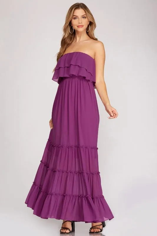 Strapless Tube Tiered Maxi Dress - Magenta Purple