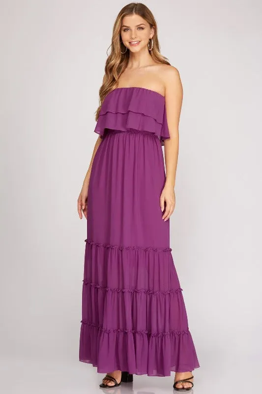 Strapless Tube Tiered Maxi Dress - Magenta Purple