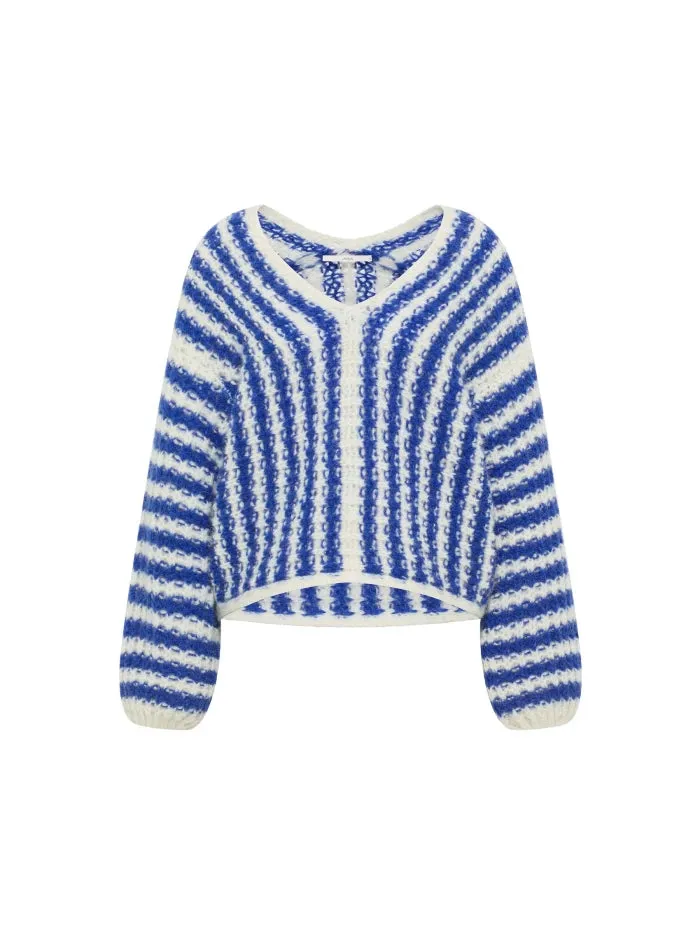 Streifenpullover V-Ausschnitt Alpaka electric blue / off white | Lanius