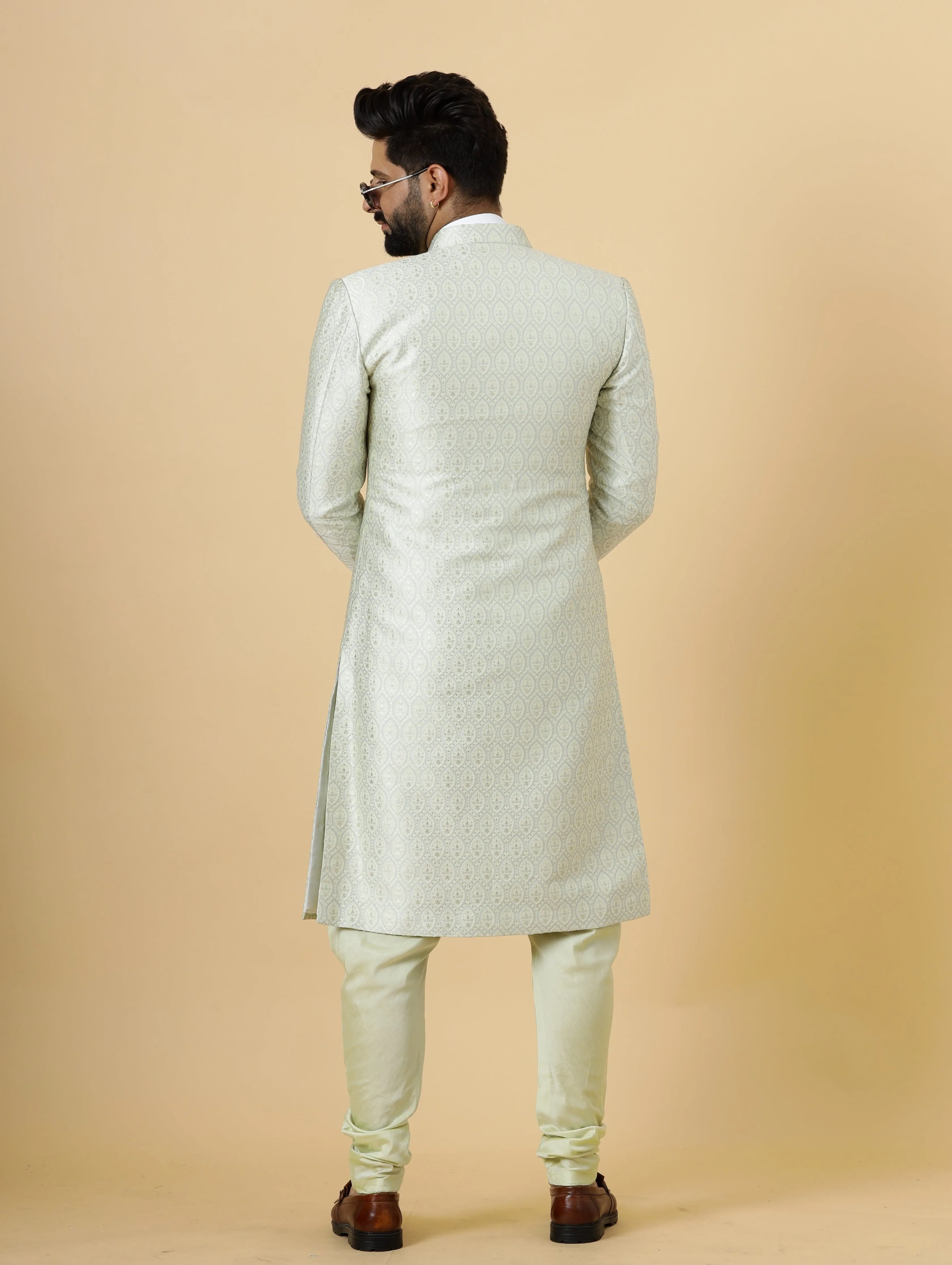 Stunning Beige Banarasi Brocade Achkan for Men | Father Son Combo | Pastel Colour Sherwani | Perfect for Grooms