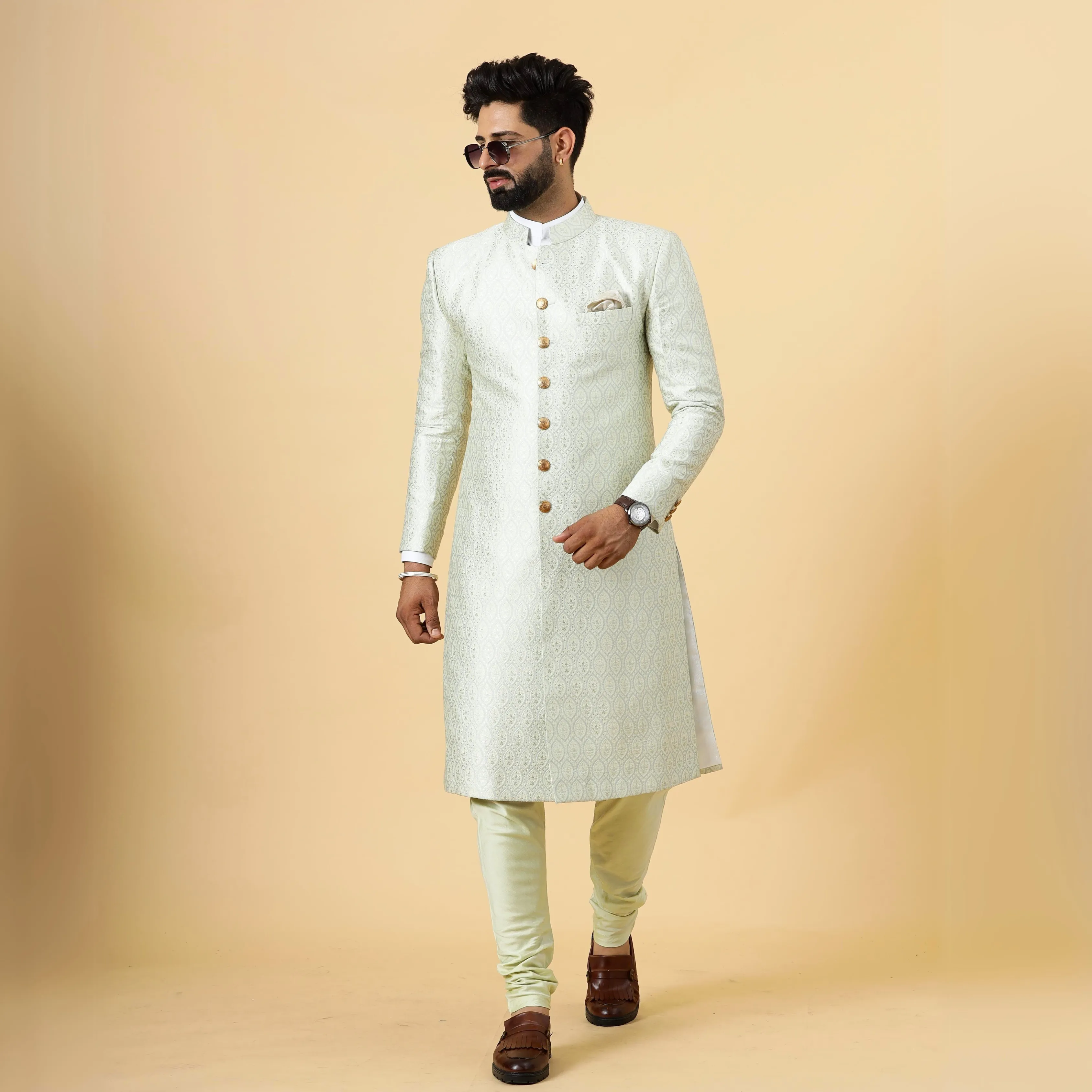 Stunning Beige Banarasi Brocade Achkan for Men | Father Son Combo | Pastel Colour Sherwani | Perfect for Grooms