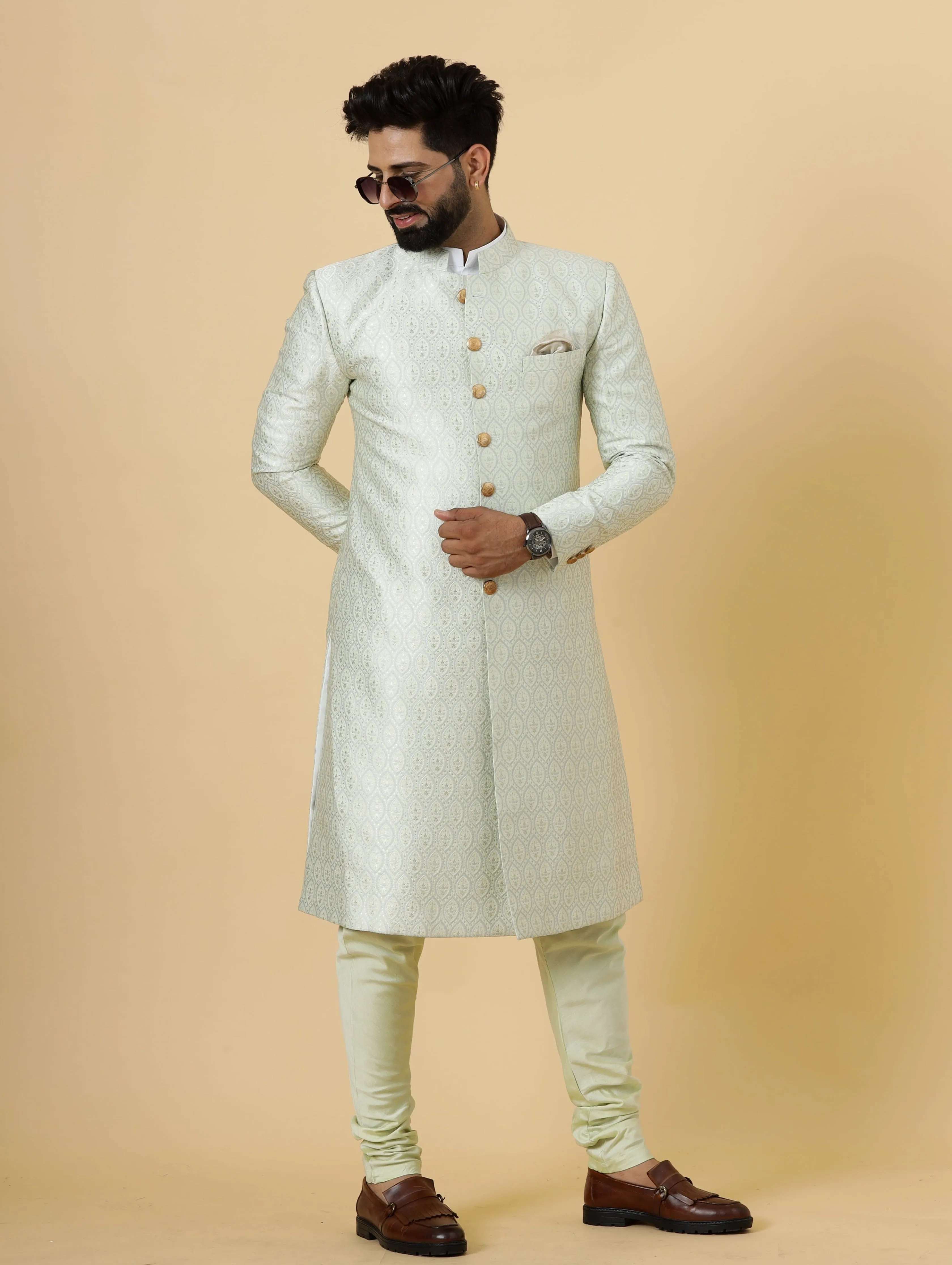 Stunning Beige Banarasi Brocade Achkan for Men | Father Son Combo | Pastel Colour Sherwani | Perfect for Grooms