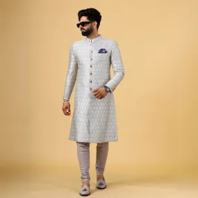 Stunning Beige Banarasi Brocade Achkan with Lilac Churidar for Men | Father Son Combo| Perfect for Grooms