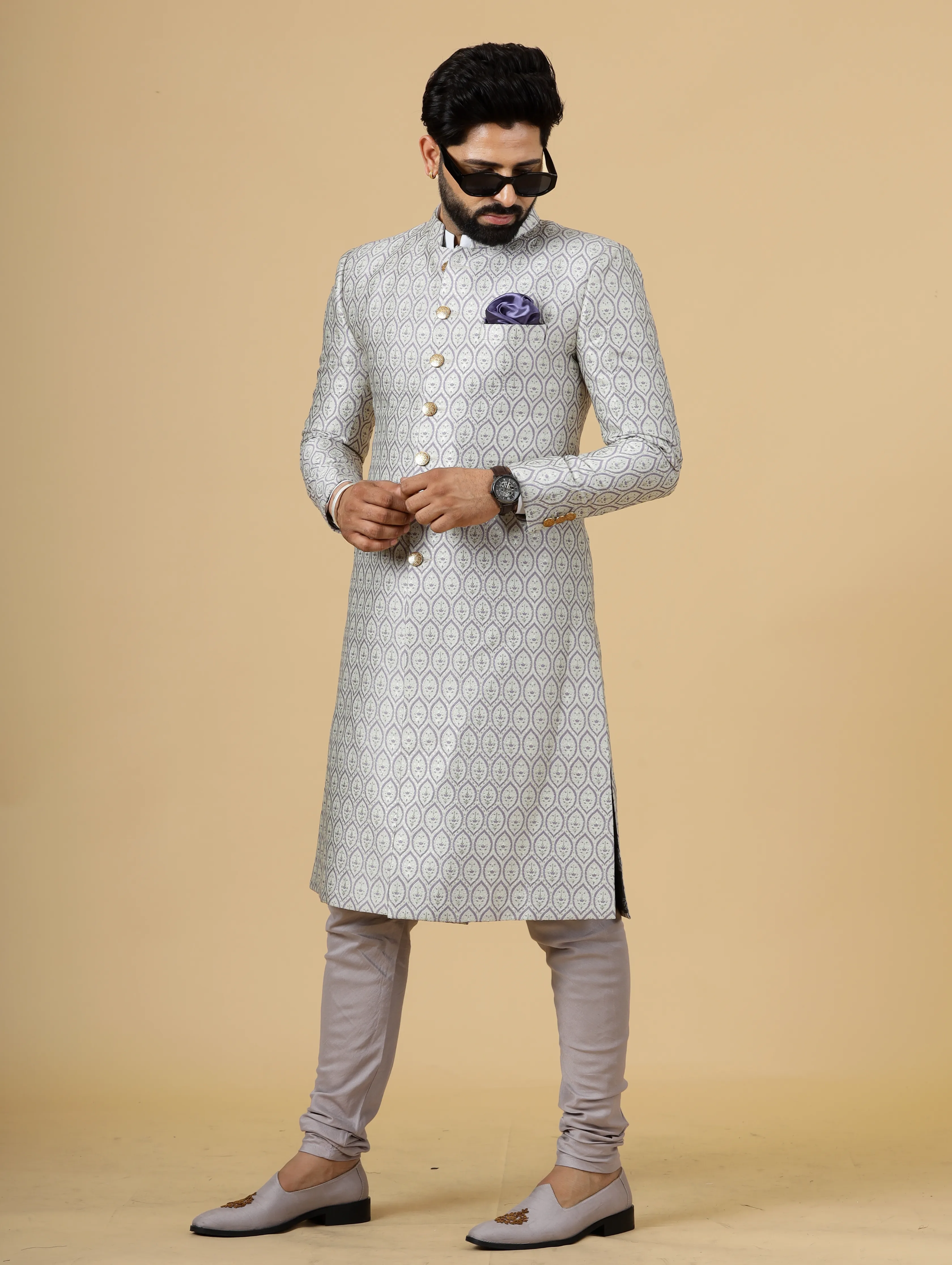 Stunning Beige Banarasi Brocade Achkan with Lilac Churidar for Men | Father Son Combo| Perfect for Grooms