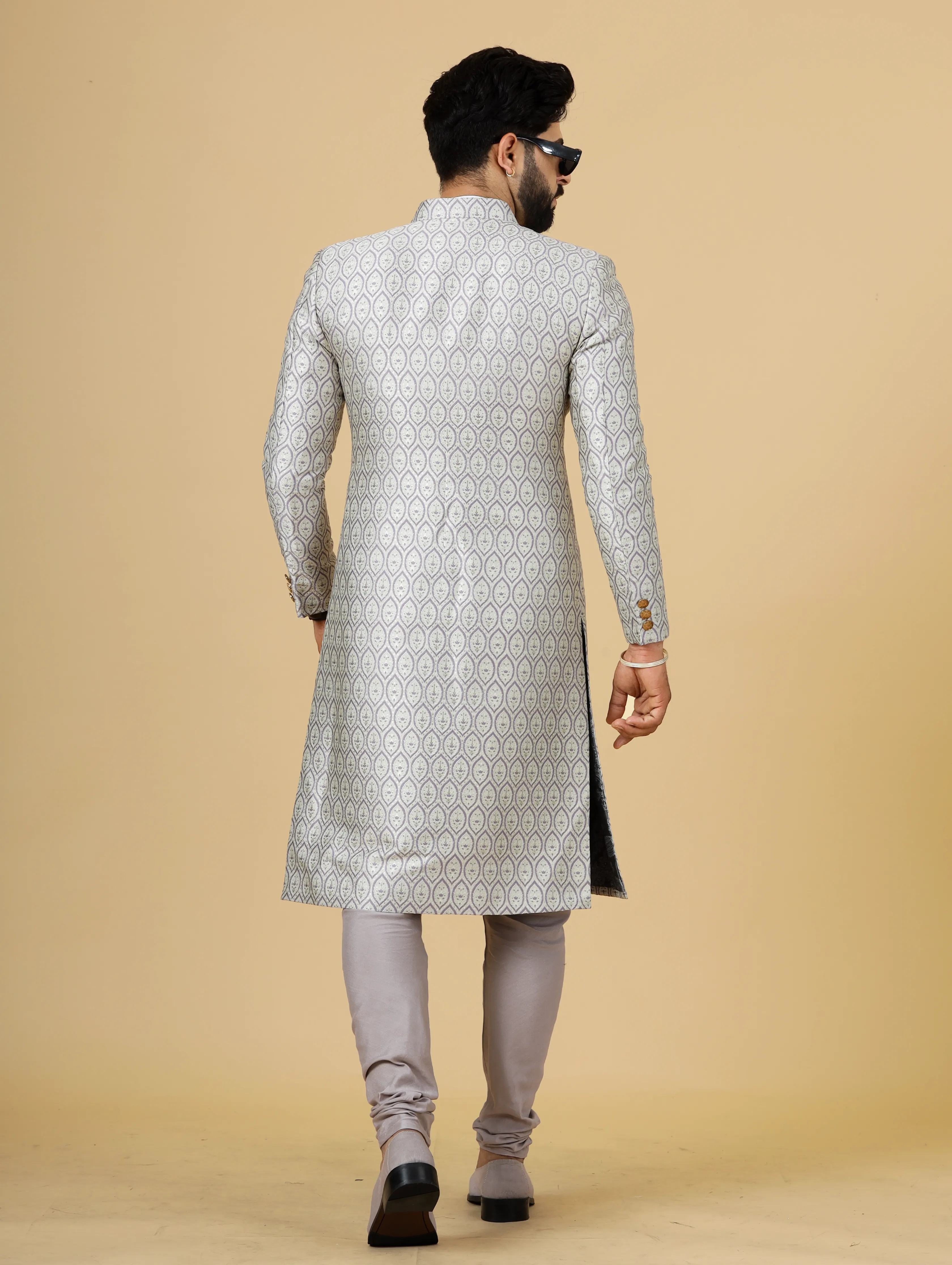 Stunning Beige Banarasi Brocade Achkan with Lilac Churidar for Men | Father Son Combo| Perfect for Grooms