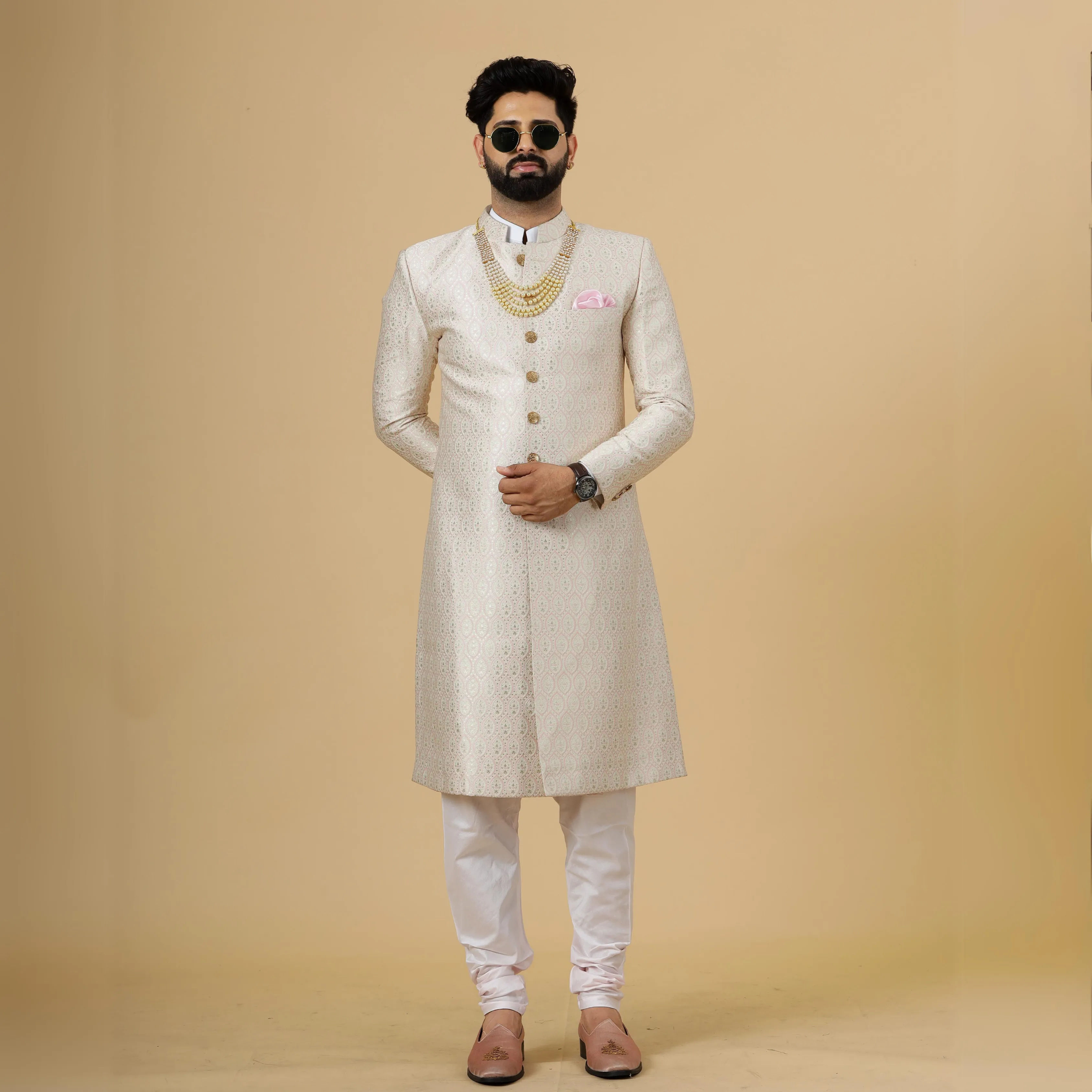 Stunning Beige Banarasi Brocade Achkan with Soft Pink Churidar for Men | Father Son Combo| Perfect for Grooms