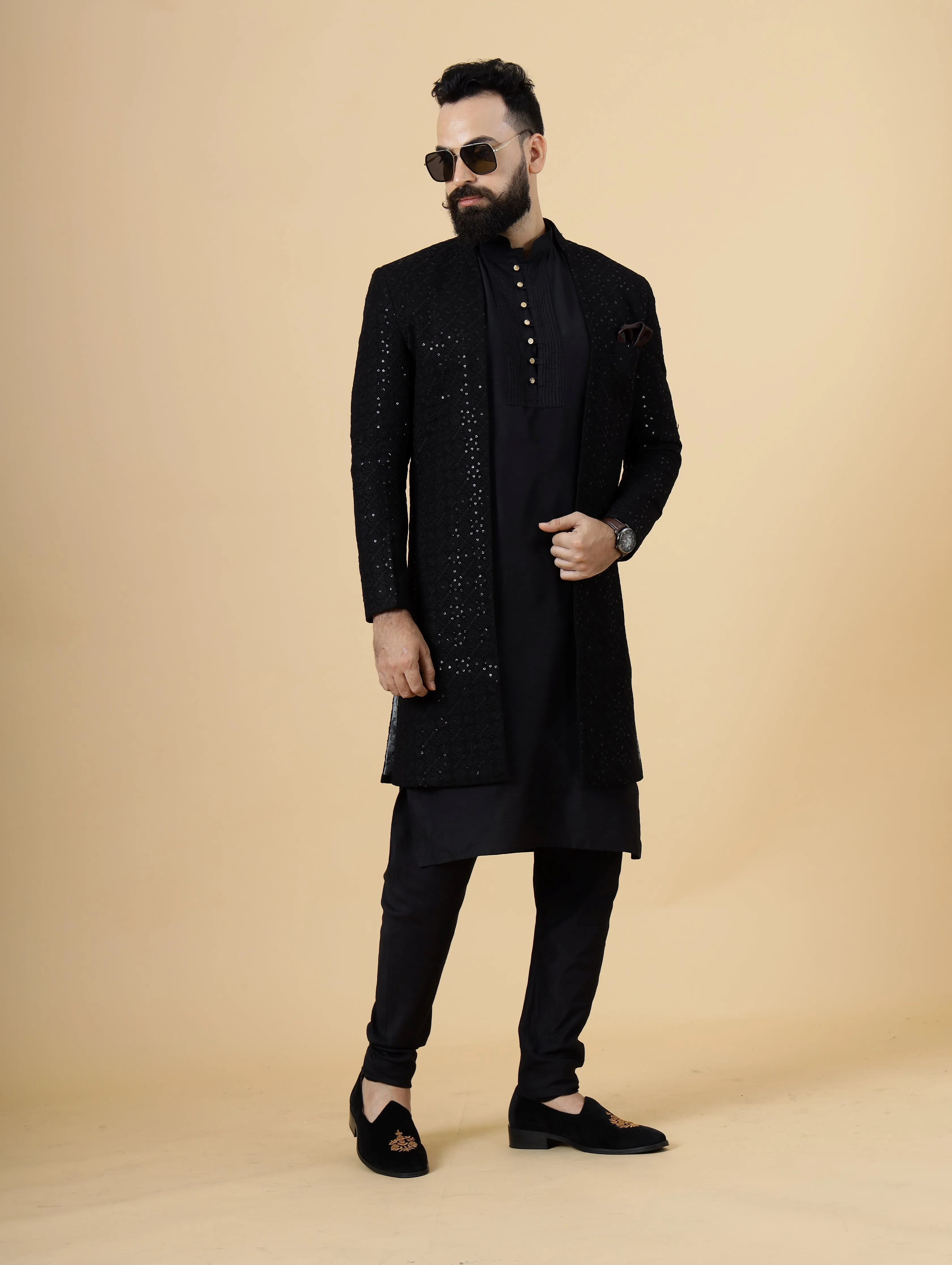 Stunning Black Chikankari Open Sherwani for Men | Father Son Combo | Black Color | Chikankari Sherwani | Perfect for Grooms