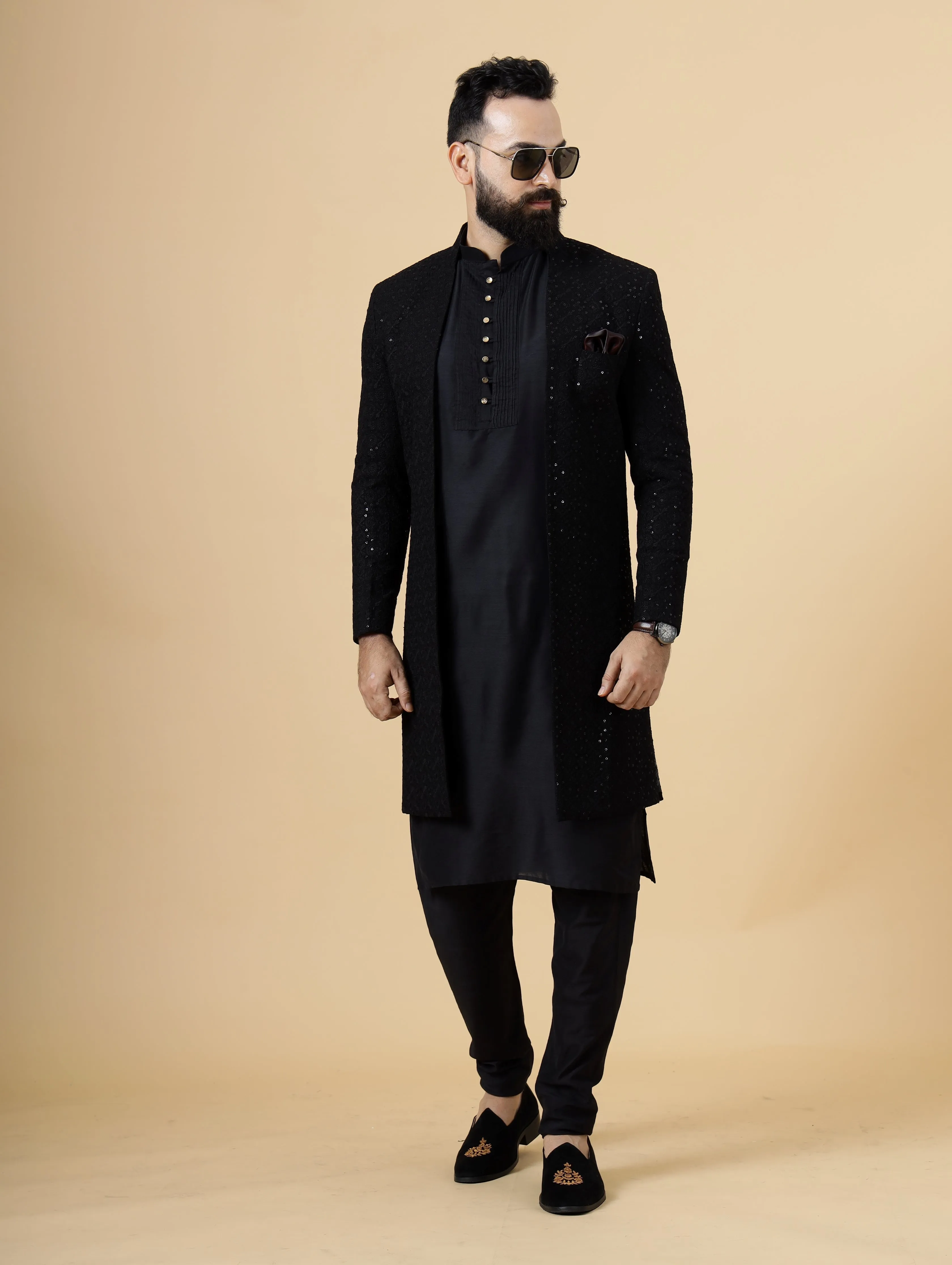 Stunning Black Chikankari Open Sherwani for Men | Father Son Combo | Black Color | Chikankari Sherwani | Perfect for Grooms