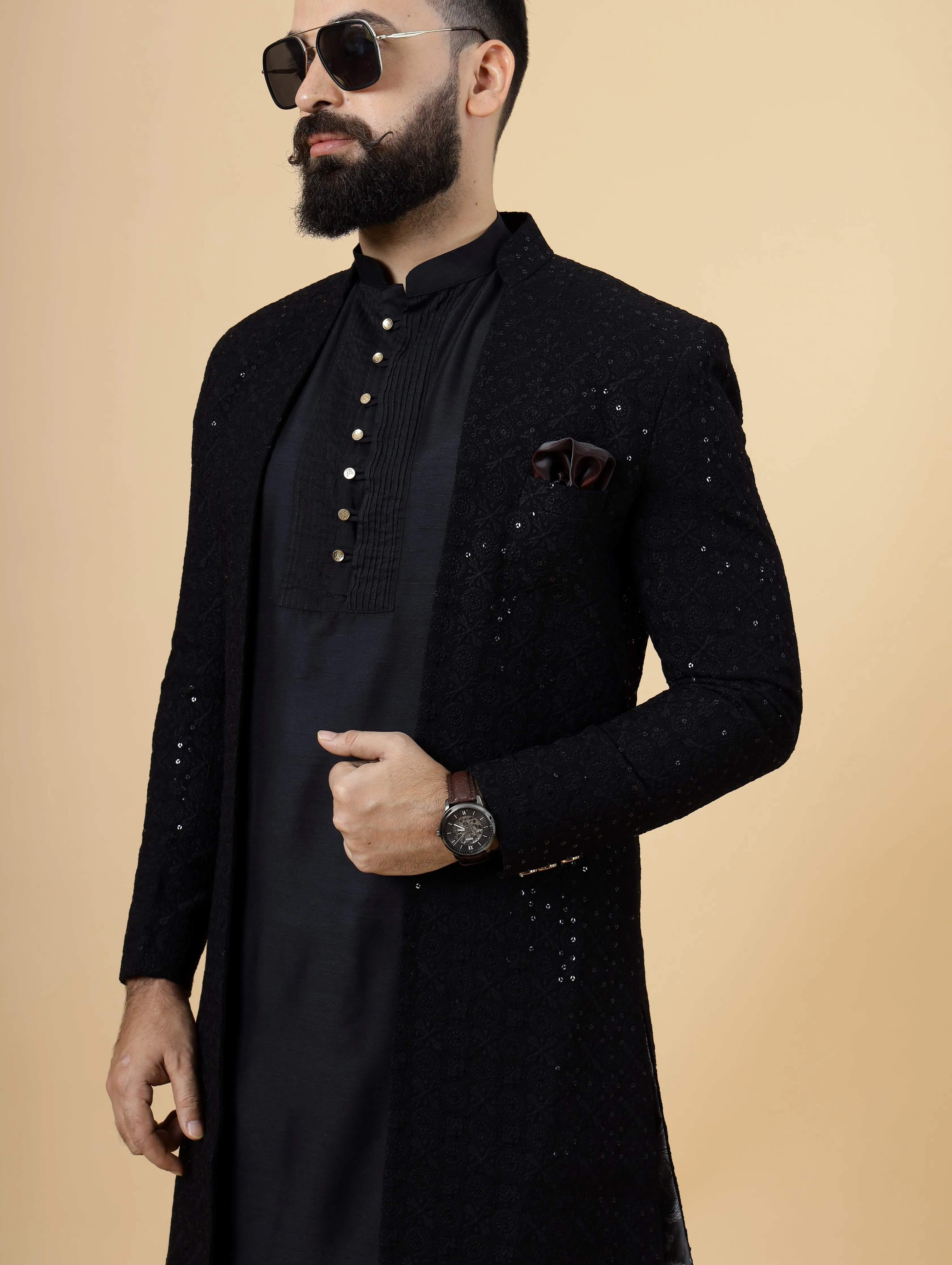 Stunning Black Chikankari Open Sherwani for Men | Father Son Combo | Black Color | Chikankari Sherwani | Perfect for Grooms