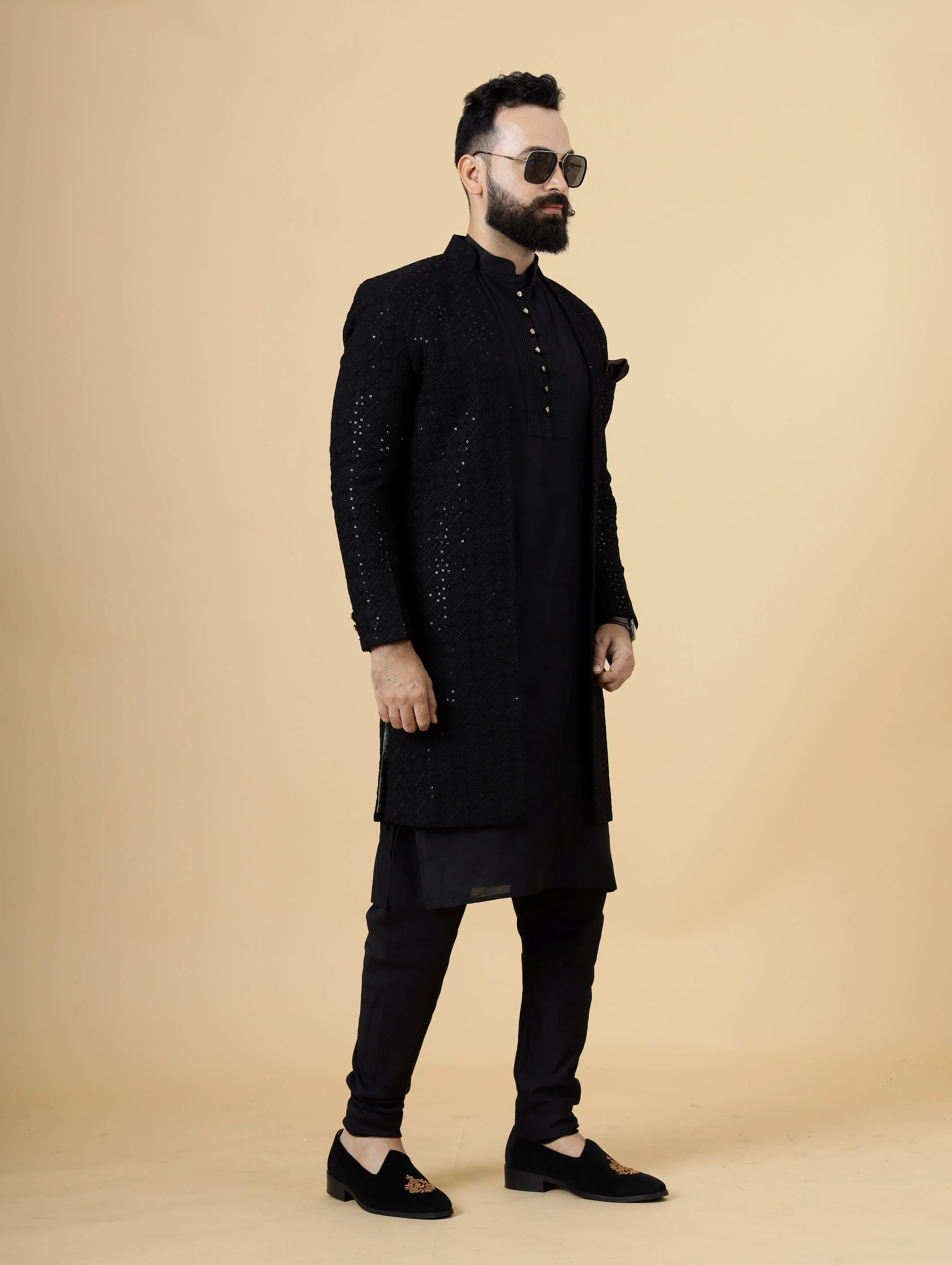 Stunning Black Chikankari Open Sherwani for Men | Father Son Combo | Black Color | Chikankari Sherwani | Perfect for Grooms