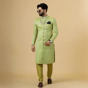 Stunning Citron Green Banarasi Brocade Achkan for Men | Father Son Combo | Perfect for Grooms