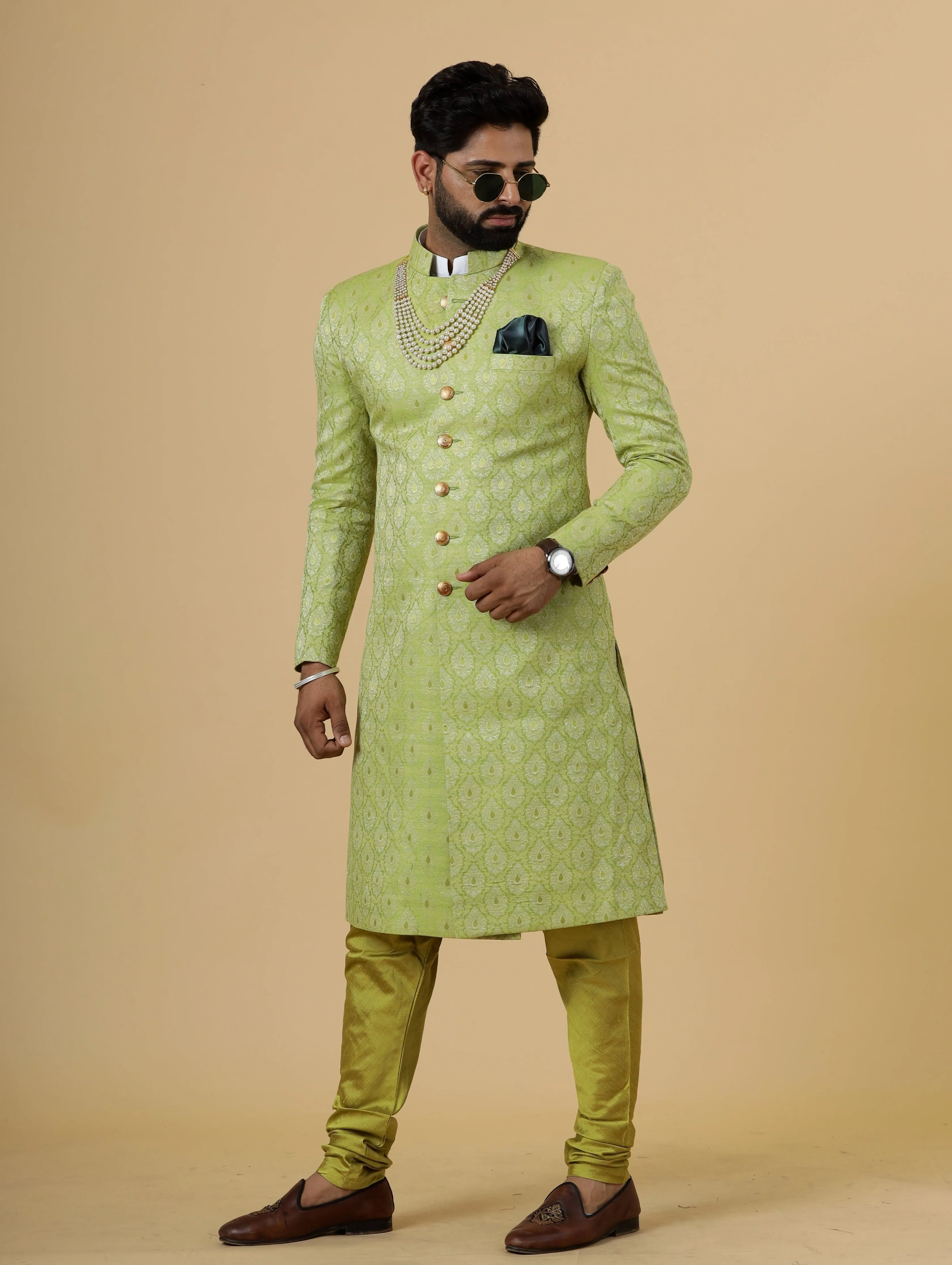 Stunning Citron Green Banarasi Brocade Achkan for Men | Father Son Combo | Perfect for Grooms