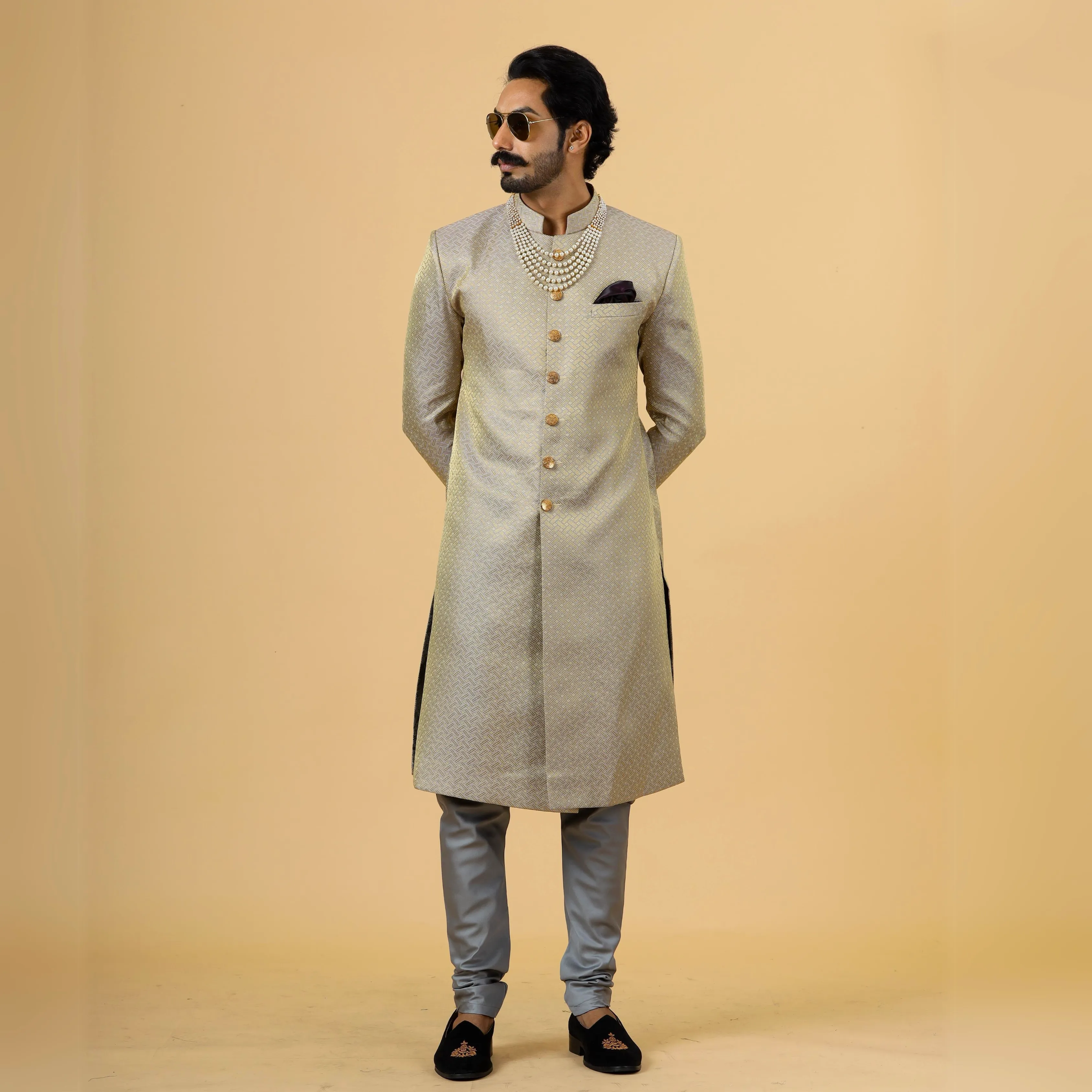 Stunning Golden-Grey Banarasi Brocade Achkan for Men | Father Son Combo | Perfect for Grooms